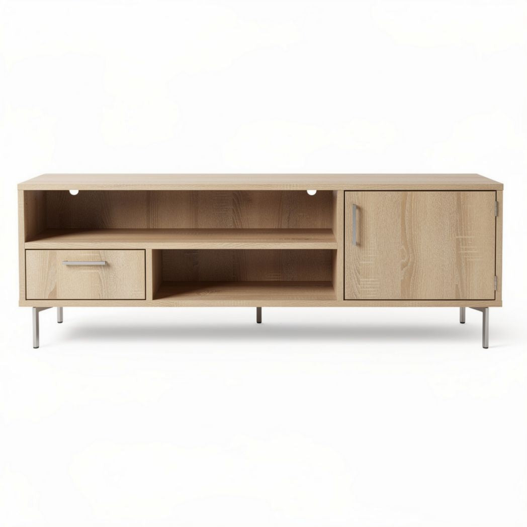 Wooden media console with open shelves and drawers 150 x 40 x 50cm