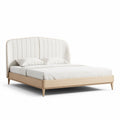 Upholstered bed frame with natural wood base and headboard in cream color