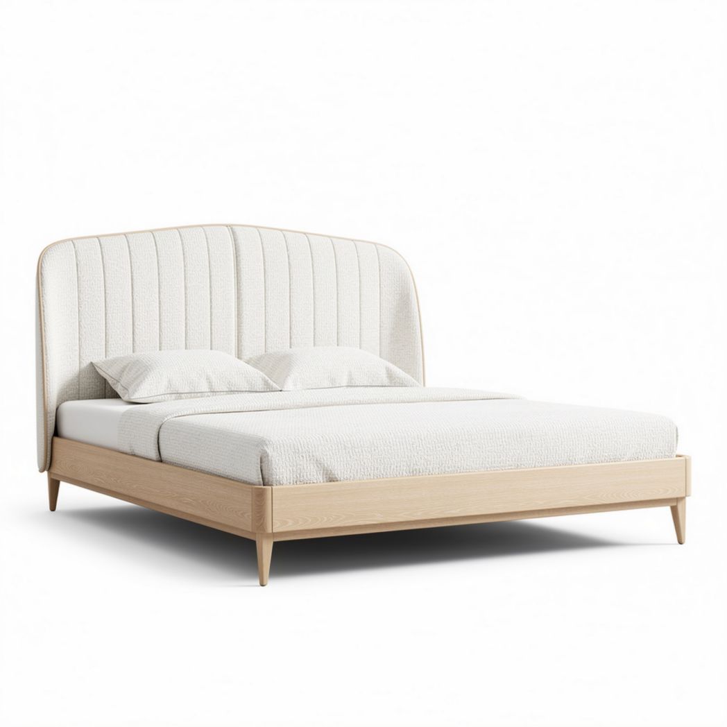 Upholstered bed frame with natural wood base and headboard in cream color