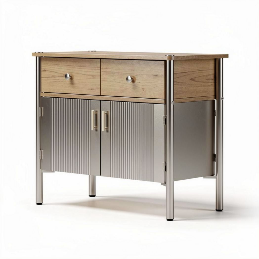 Wood and metal storage cabinet with two drawers and double doors 80 x 40 x 80cm