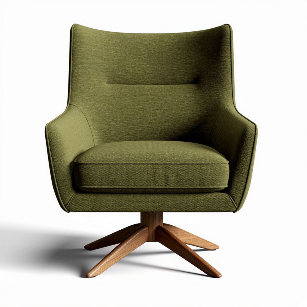 Green fabric armchair with wooden swivel base suitable for lounge use