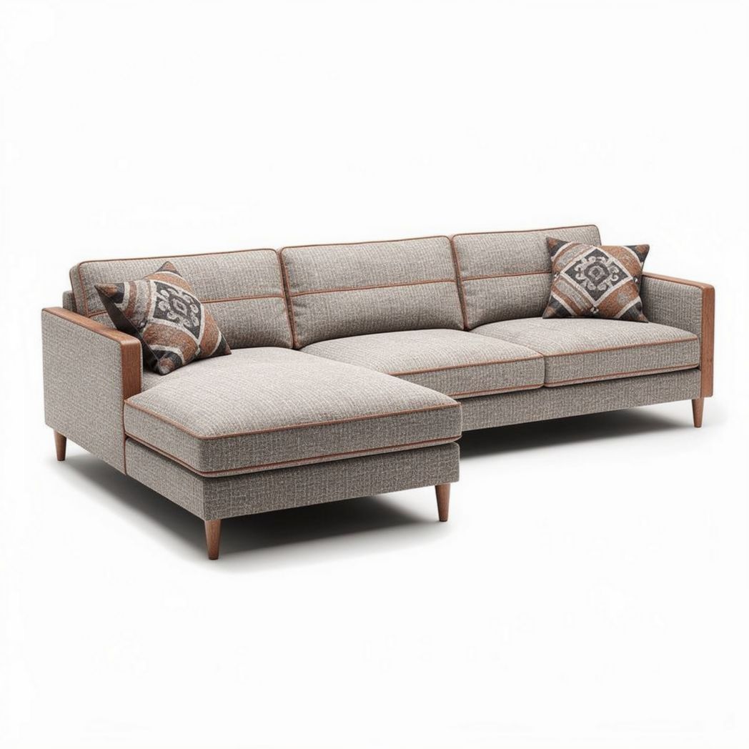 Sectional sofa with decorative pillows in beige fabric and wood accents