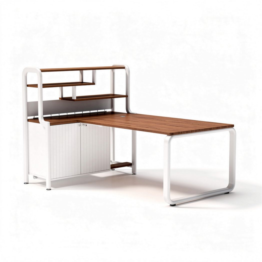 Wooden desk with storage and open shelves in white and brown finish 150 x 70 x 120cm